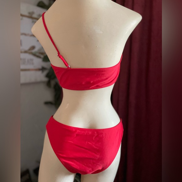 Ribbed One Shoulder Bikini 2 piece swimsuit bathing suit red size medium padded* - Picture 5 of 10